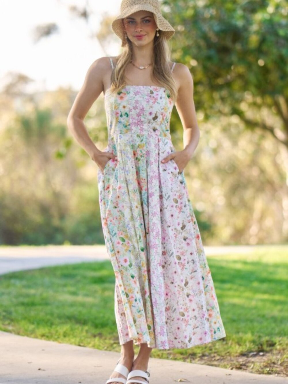 Mixed Floral Midi Dress Spaghetti Strap Pastel Print Medium - Picture 2 of 14
